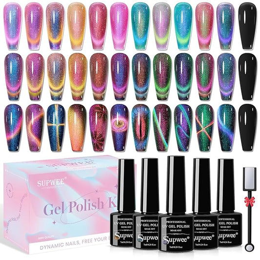 12 Colors Cat Eye Gel Polish with Magnetic Stick, Chameleon Magnetic Gel Polish Kit Trible Colors Effect Galaxy Cateyes Nail Polish Gel Collection Home DIY Manicure for Women Girl