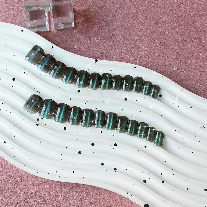 KQueenest Cat Eye Dark Green Press on Nails, Glitter Fake Nails Short Square, Sparkly Shiny False Nails With Design, Cute Bling Glue on Nails Short Coffin Stick on Nails for Women Daily Wear, 24 Pcs
