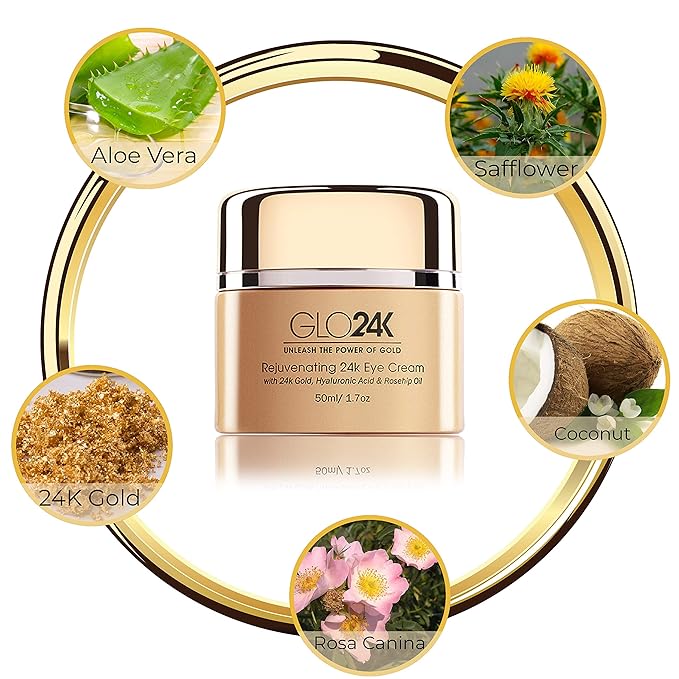 GLO24K Eye Cream with 24k Gold, Hyaluronic Acid, Rosehip Oil, and Vitamins. Minimizes wrinkles and fine-lines around the eyes-VivaGrace Women
