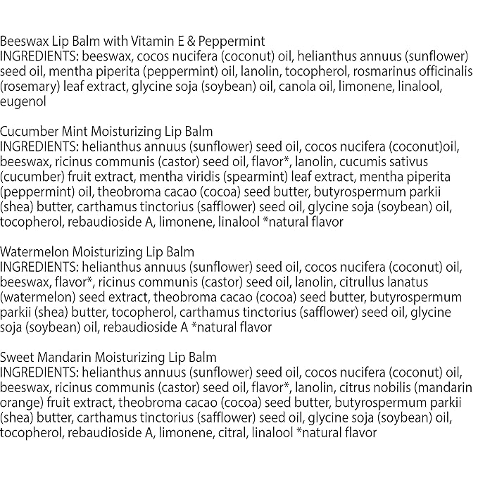 Burt's Bees Lip Balm - Original Beeswax, Cucumber Mint, Watermelon & Sweet Mandarin, With Responsibly Sourced Beeswax, Tint-Free, Natural Origin Treatment, 4 Tubes, 0.15 oz.-VivaGrace Women