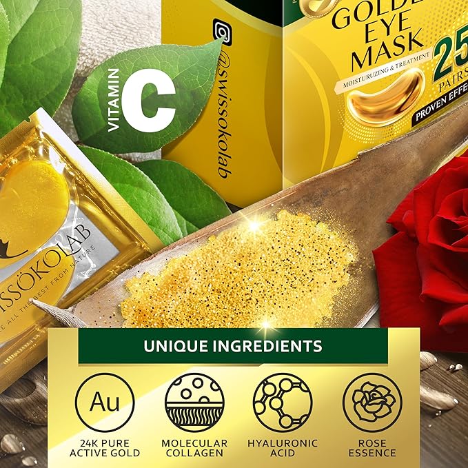 SWISSÖKOLAB Under Eye Patches For Puffy Eyes 24k Gold Eye Mask Dark Circles And Puffiness Collagen Eye Gel Pads Moisturizing & Reducing Wrinkles Anti-Aging Hyaluronic Acid (24K Gold Eye Mask)-VivaGrace Women