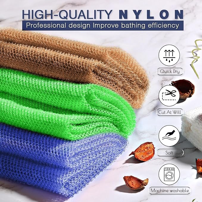 UJFQBH 3 Pieces African Bath Sponge African Net Long Net Bath Sponge Exfoliating Shower Body Scrubber Back Scrubber Skin Smoother,Great for Daily Use (Brown、Blue、Green)-VivaGrace Women