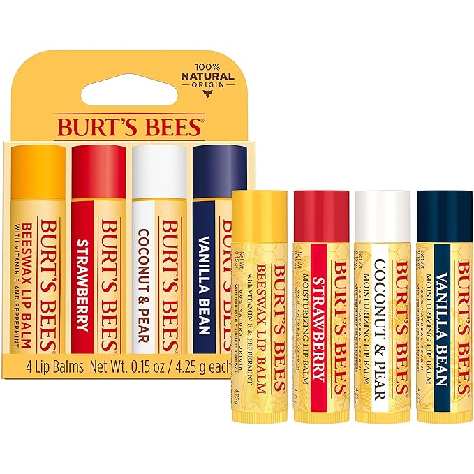 Burt's Bees Lip Balm - Beeswax, Strawberry, Coconut and Pear, and Vanilla Bean, With Responsibly Sourced Beeswax, Tint-Free, Natural Origin Lip Treatment, 4 Tubes, 0.15 oz.-VivaGrace Women