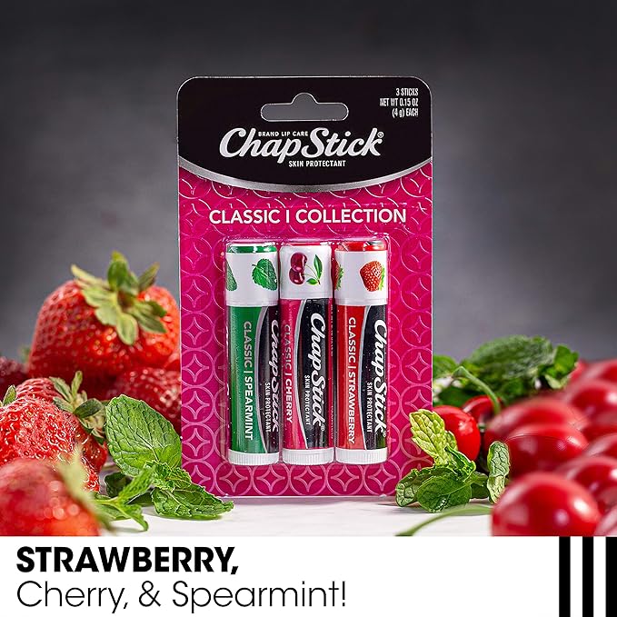 ChapStick Lip Care Set, Classic Collection 3-Pack – Spearmint, Cherry, and Strawberry Lip Balm, 0.15 Ea-VivaGrace Women