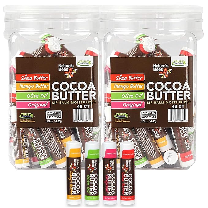 Nature's Bees - Cocoa Butter Lip Balm Moisturizer - Original 96 Pack, 4 Flavors - Original, Shea Butter, Mango Butter, Olive Oil - Made w/Coconut Oil, Beeswax, Vitamin E, Aloe - 0.15oz (4.2g)-VivaGrace Women