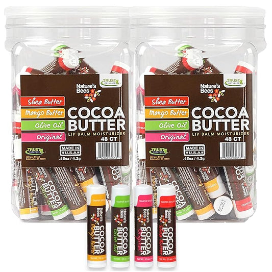 Nature's Bees - Cocoa Butter Lip Balm Moisturizer - Original 96 Pack, 4 Flavors - Original, Shea Butter, Mango Butter, Olive Oil - Made w/Coconut Oil, Beeswax, Vitamin E, Aloe - 0.15oz (4.2g)-VivaGrace Women