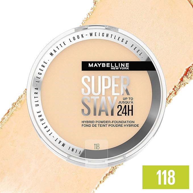 Maybelline Super Stay Up to 24HR Hybrid Powder-Foundation, Medium-to-Full Coverage Makeup, Matte Finish, 118, 1 Count-VivaGrace Women