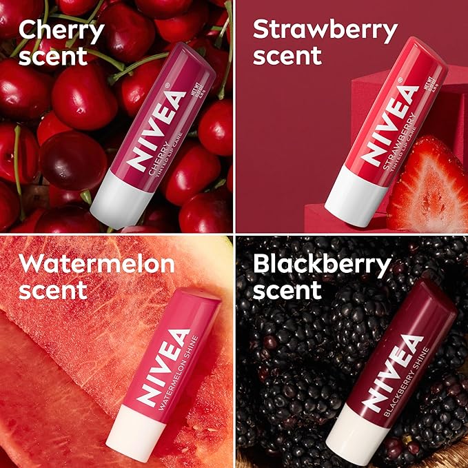 NIVEA Lip Care, Fruity Tinted Lip Balm Variety Pack, Includes Cherry, Strawberry, Blackberry and Watermelon Scents, 0.17 Oz, Pack of 4-VivaGrace Women