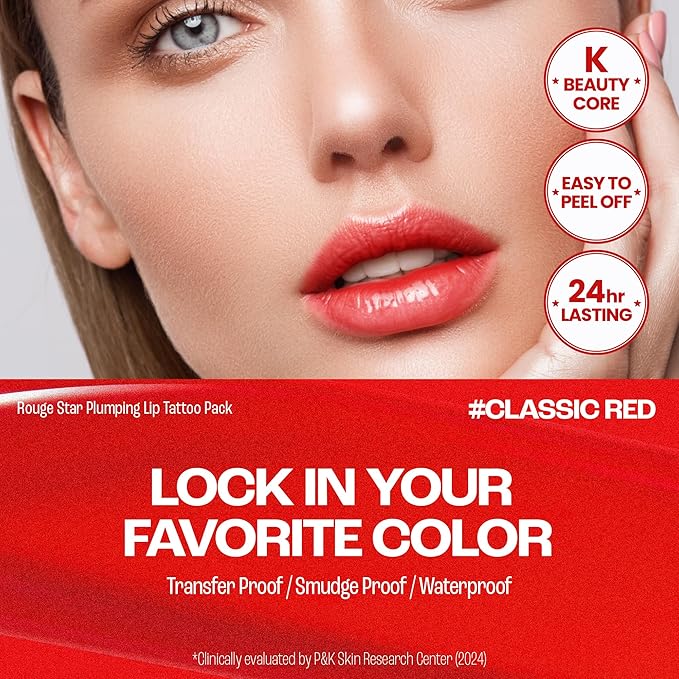 Rouge Star Plumping Lip Tattoo (0.17 oz) - 72-HR Long Lasting Waterproof Peel Off Lip Stain - Transfer-Proof, Non -Sticky Hydrating Matte Lip Tint Tattoo (Classic Red)-VivaGrace Women