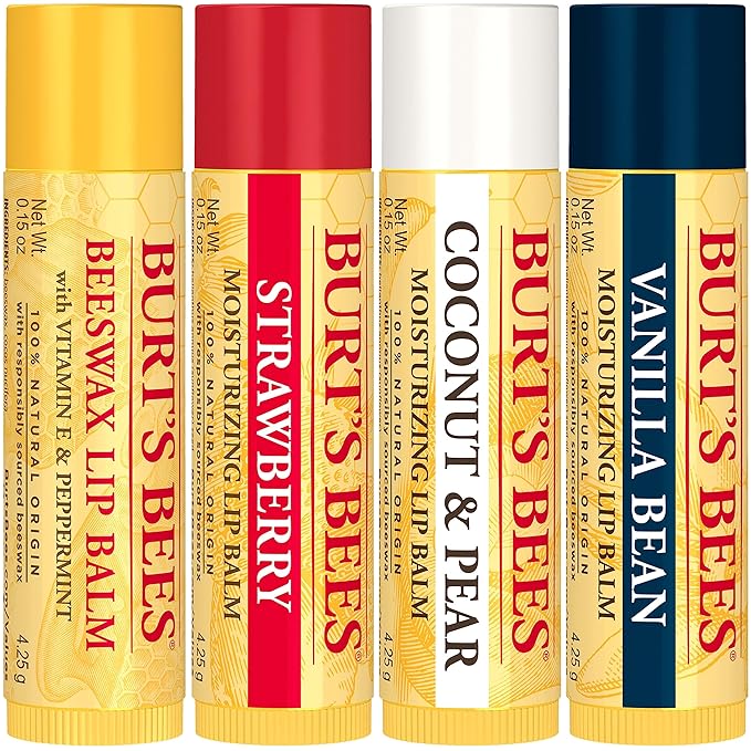 Burt's Bees Lip Balm - Beeswax, Strawberry, Coconut and Pear, and Vanilla Bean, With Responsibly Sourced Beeswax, Tint-Free, Natural Origin Lip Treatment, 4 Tubes, 0.15 oz.-VivaGrace Women