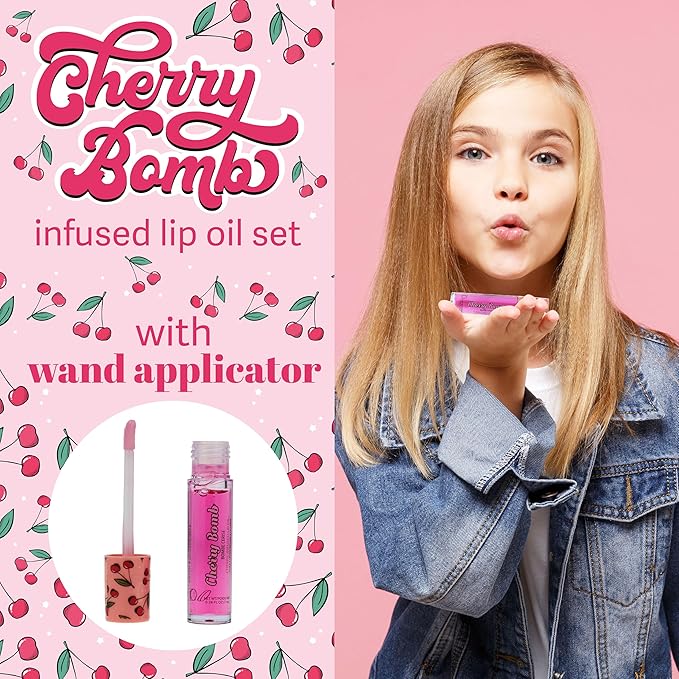 Expressions 5pc Lip Oil Set - Cherry Bomb Lip Oils, Lip Healing Cherry Infused Lip Oil Collection with Precision Applicator Wand Everyday Lip Care and Lip Repair (CHERRY BOMB)-VivaGrace Women