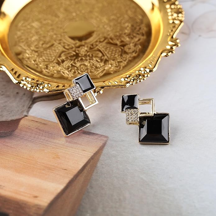 Vintage Crystal Square Drop Earrings Black Square Stud Earrings Gold Hollow Square Dangle Earrings Black Onyx Square Earrings Jewelry for Women-VivaGrace Women