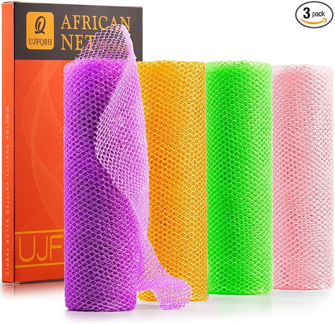 UJFQBH 4 Pieces African Net Sponge African Net Long Net Bath Sponge Exfoliating Shower Body Scrubber Back Scrubber Skin Smoother,Great for Daily Use (Purple, Orange, Green, Pink)-VivaGrace Women