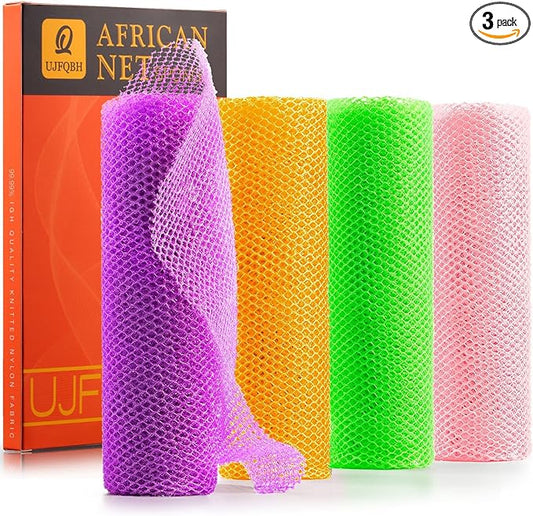 UJFQBH 4 Pieces African Net Sponge African Net Long Net Bath Sponge Exfoliating Shower Body Scrubber Back Scrubber Skin Smoother,Great for Daily Use (Purple, Orange, Green, Pink)-VivaGrace Women