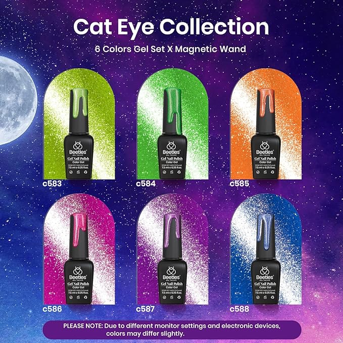 Beetles Cat Eye Gel Nail Polish Set, 6 Colors Summer Neon Holographic Glitter Gel Polish Kit Hot Pink Orange Purple Blue Green Magnetic Nail Polish Soak Off UV French Nail Art Gift for Women-VivaGrace Women