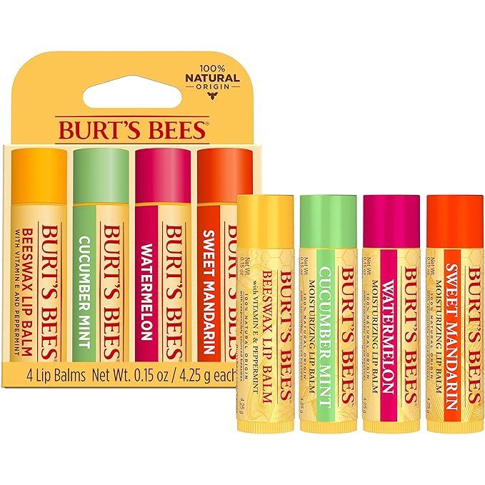 Burt's Bees Lip Balm - Original Beeswax, Cucumber Mint, Watermelon & Sweet Mandarin, With Responsibly Sourced Beeswax, Tint-Free, Natural Origin Treatment, 4 Tubes, 0.15 oz.-VivaGrace Women