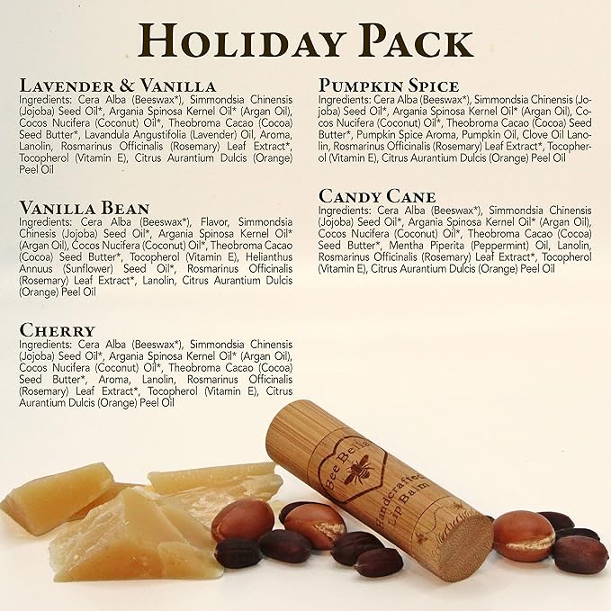 Bee Bella Lip Balm Holiday Gift Box, Cherry, Lavender Vanilla, Vanilla Bean, Pumpkin Spice, Candy Cane, 5 Pack - Hydrating, Moisturizing, Natural, Organic Beeswax with Vitamin E, Handmade in USA-VivaGrace Women