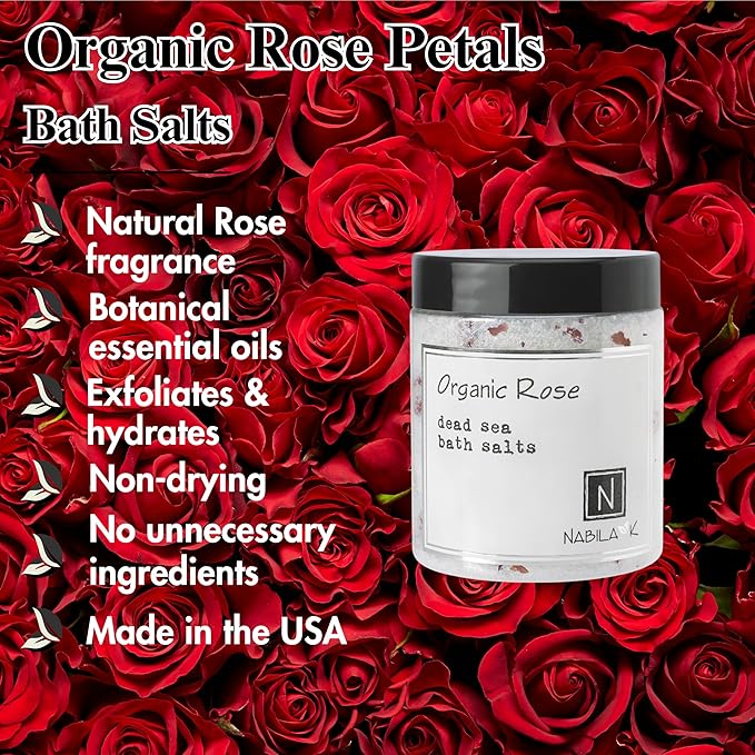 Organic Rose Bath Salts by Nabila K - Dead Sea Salt & Epsom Salt Scrub & Soak - Exfoliates & Hydrates Skin, Botanical Essential Oils - Bubble Bath Accessories for All Skins Types, 8 oz-VivaGrace Women