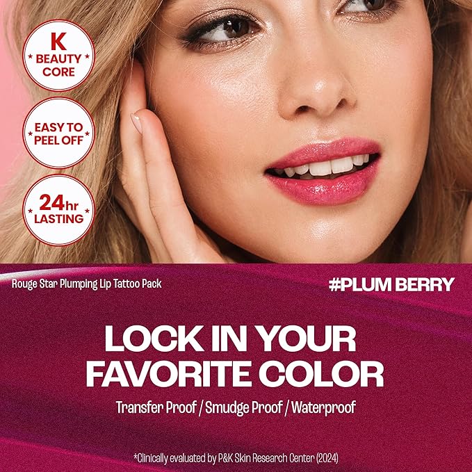 Rouge Star Plumping Lip Tattoo (0.17 oz) - 72-HR Long Lasting Waterproof Peel Off Lip Stain - Transfer-Proof, Non -Sticky Hydrating Matte Lip Tint Tattoo (Plum Berry)-VivaGrace Women