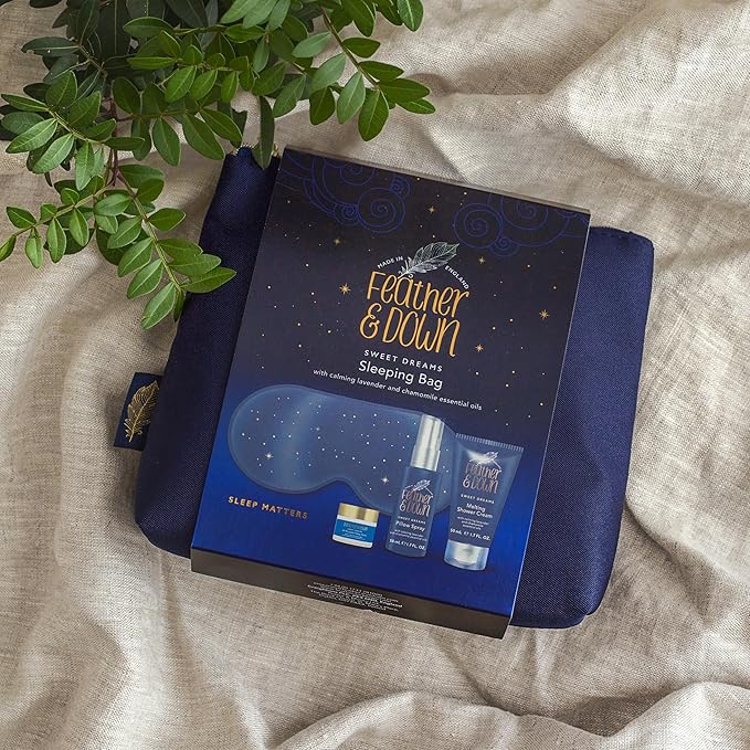 Feather & Down Sleeping Bag Gift Set: Luxury Eye Mask, Sleep Balm, Pillow Spray and Shower Cream, with Calming Lavender & Chamomile Essential Oils, Vegan & Cruelty Free-VivaGrace Women