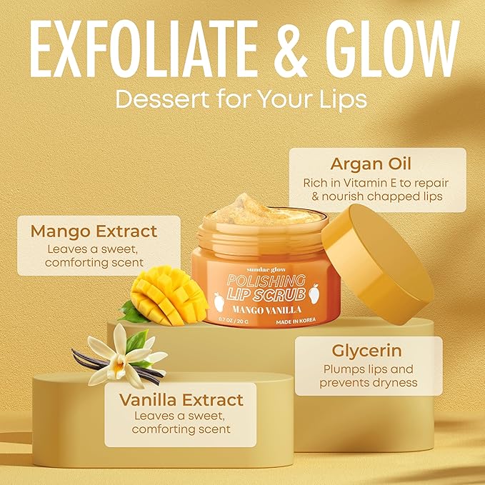 Mango Vanilla Lip Scrub - Dermatologist Tested, Anti-Aging, Korean Skin Care, Deep Exfoliation & Hydration - Smooth, Soft, Plump Lips - Clean Beauty, Vegan, Non-GMO - 1 Pack-VivaGrace Women