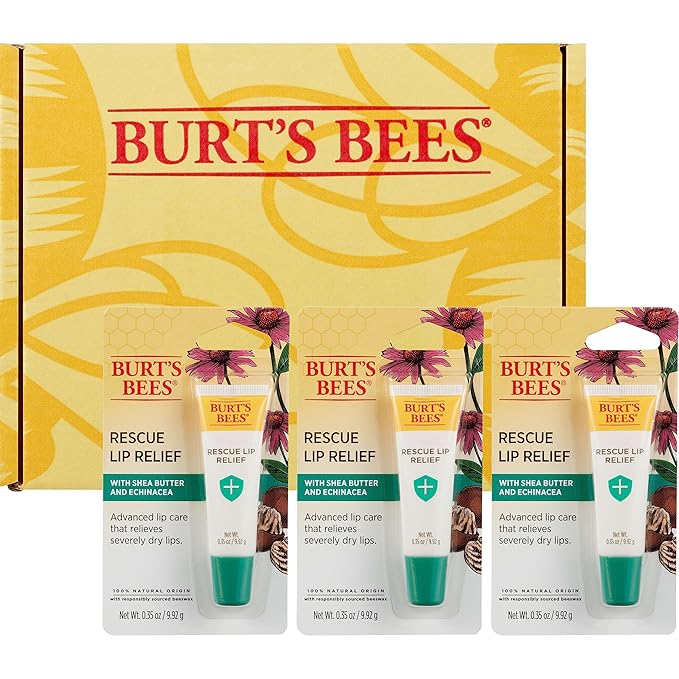Burt's Bees Rescue Lip Relief Lip Balm, With Shea Butter and Echinacea, Tint-Free, Natural Origin Lip Care, 3 Tubes, 0.35 oz.-VivaGrace Women