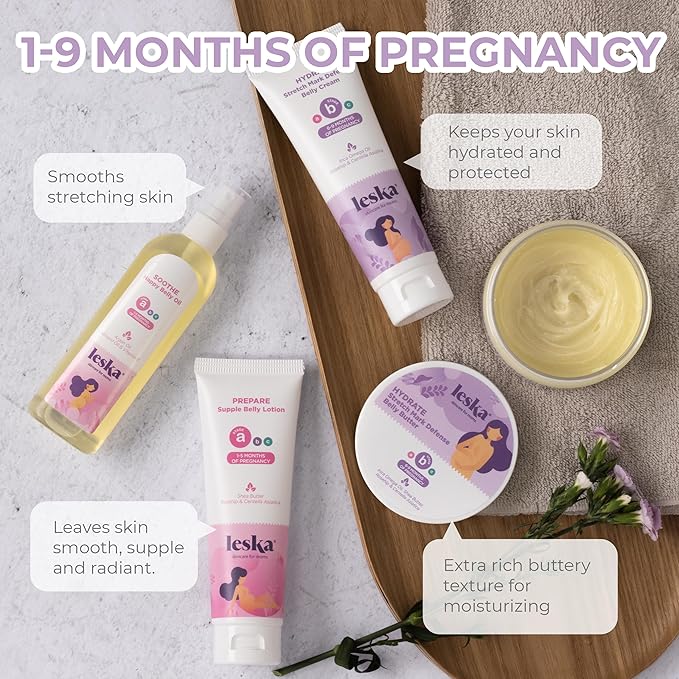 Leska Pregnancy Stages A & B Set | Belly Lotion, Belly Oil, Stretch Mark Defense Cream & Belly Butter | Pregnant Mom Months 1-9 | Part of Complete 3-Part Pregnancy Skincare System (Set of 4, 4-4.93oz)-VivaGrace Women