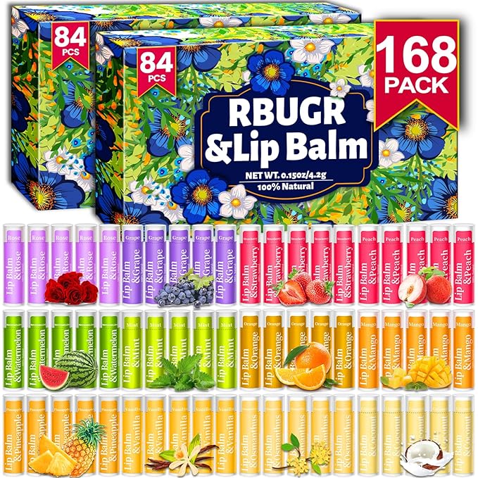 168 Pcs Lip Balm Bulk, 12 Flavored Lip Balm Pack for Women, All Organic Natural Bulk Lip Balms for Dry Cracked Lips, Moisturizing Lip Balms Gift Set(4.2g/0.15oz)-VivaGrace Women