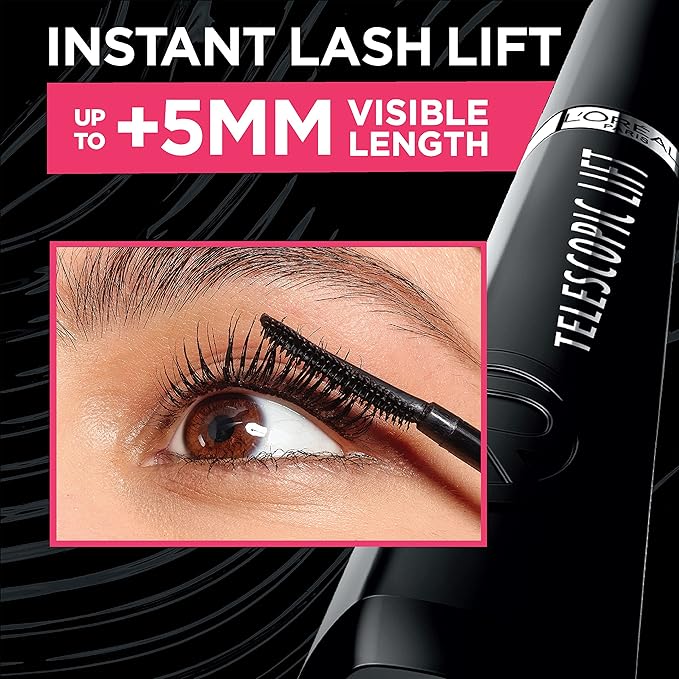 L'Oreal Paris Telescopic Lift Mascara, Lengthening and Volumizing Eye Makeup, Lash Lift with Up to 36HR Wear, Washable, Black Brown, 0.33 Fl Oz
