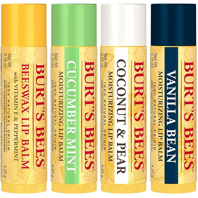 Burt's Bees Lip Balm - Beeswax, Cucumber Mint, Coconut & Pear, and Vanilla Bean Pack, With Responsibly Sourced Beeswax, Tint-Free, Natural Origin Lip Treatment, 4 Tubes, 0.15 oz.-VivaGrace Women