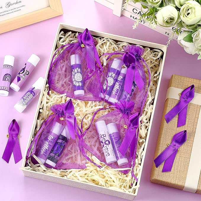 50 Set Overdose Awareness Lip Balms Gifts with 50 Organza Bags 50 Purple Awareness Ribbon Pins Raise Awareness for Domestic Violence Pancreatic Cancer Lupus Alzheimer's Awareness-VivaGrace Women
