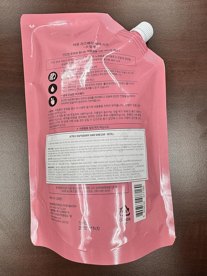 A'PIEU Raspberry Hair Vinegar Rinse Refill 13.6 fl oz - Scalp Treatment for Balanced pH, Shiny Hair | Korean Hair Care I Clarifies & Encourages Growth | Dandruff & Oil Control-VivaGrace Women