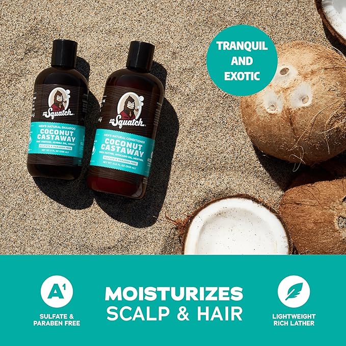 Dr. Squatch Natural Hair Bundle for Men - Healthy, Full Looking Hair - Coconut Castaway Shampoo (8 fl oz), Coconut Castaway Conditioner (11.5 fl oz)-VivaGrace Women