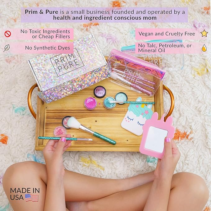 Prim and Pure Mineral Gift Set with Unicorn Mirror| Perfect for Play Dates & Birthday Parties | Kids Eyeshadow Makeup – Mineral Blush | Organic & Natural Makeup Kit for Kids| Made in USA (Purple)-VivaGrace Women