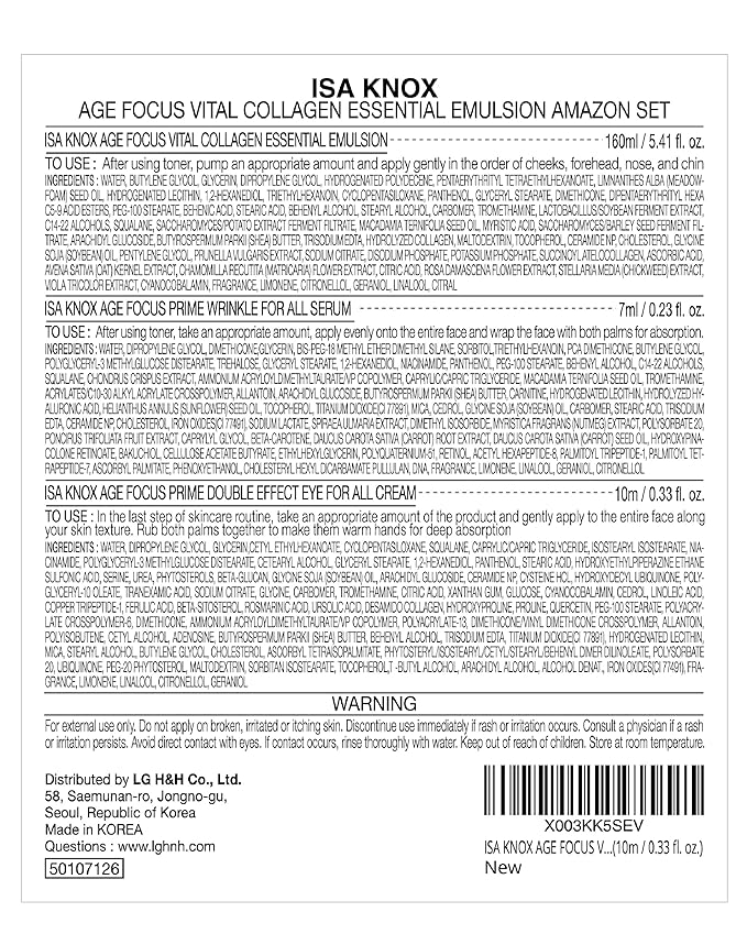 ISA KNOX AGE FOCUS VITAL COLLAGEN Emulsion, PRIME Wrinkle For All Serum & PRIME Eye For All Cream (177 ml/5.99 fl oz) - Korean Skin Care by LG Beauty. Vitamins C, B12 & E.-VivaGrace Women