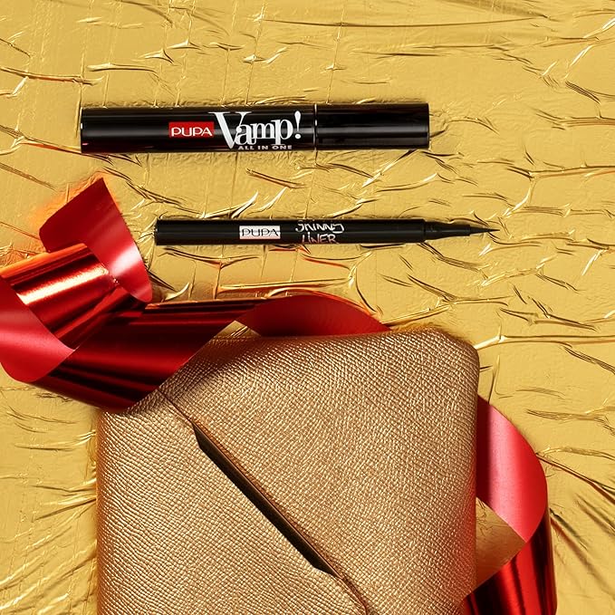 PUPA Milano Vamp! All In One And Skinny Liner Set - Volume Mascara And Ultra-Slim Eyeliner Pen - Naturally Formulated To Lengthen And Strengthen Lashes - Beautiful Gold Handbag - 3 Pc Mascara Kit-VivaGrace Women