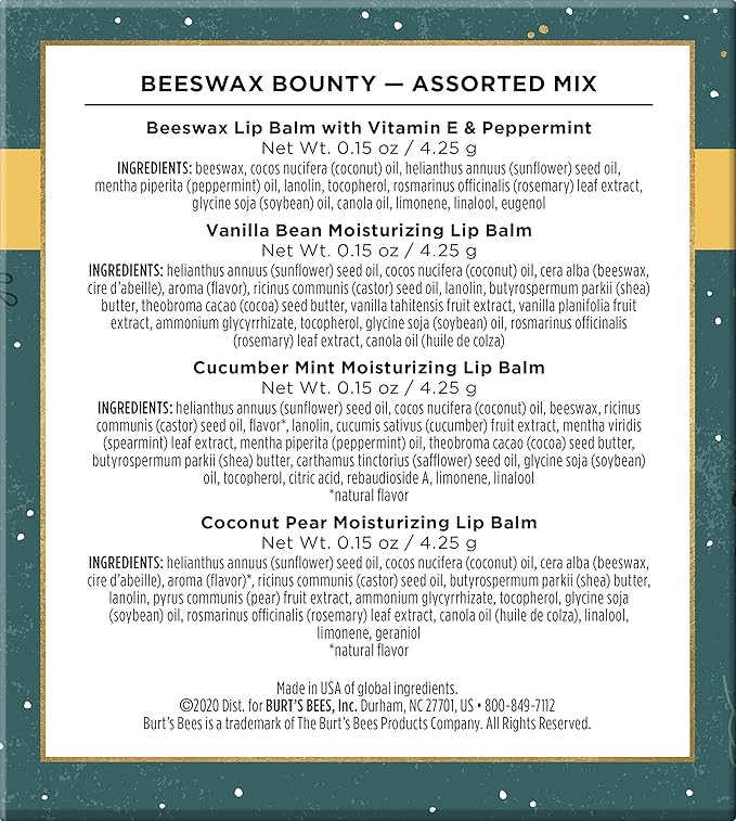 Burt’s Bees Holiday Gift, 4 Lip Balm Stocking Stuffer Products, Beeswax Bounty Assorted Set - Original Beeswax, Vanilla Bean, Cucumber Mint & Coconut Pear (Old Verison)-VivaGrace Women