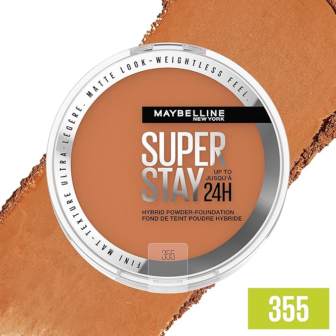 Maybelline Super Stay Up to 24HR Hybrid Powder-Foundation, Medium-to-Full Coverage Makeup, Matte Finish, 355, 1 Count-VivaGrace Women