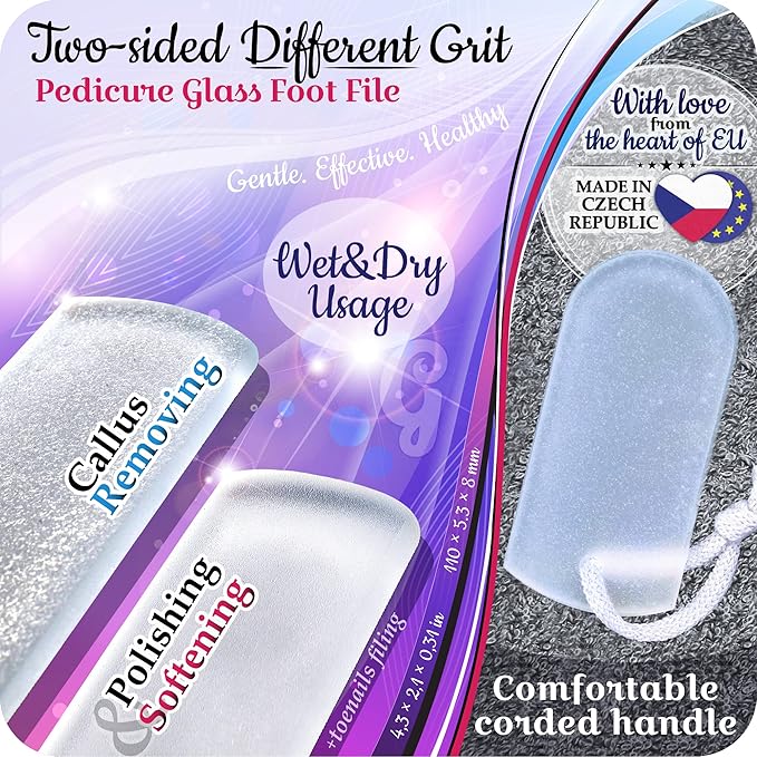 Genuine Czech Glass Foot File by GLADZY - Gentle Callus Remover Foot Rasp, Pedicure & Spa Rough Skin Scrubber, Two-Sided Etched Different Grit Surface, Professional Toenail & Heels Care, Made in EU-VivaGrace Women