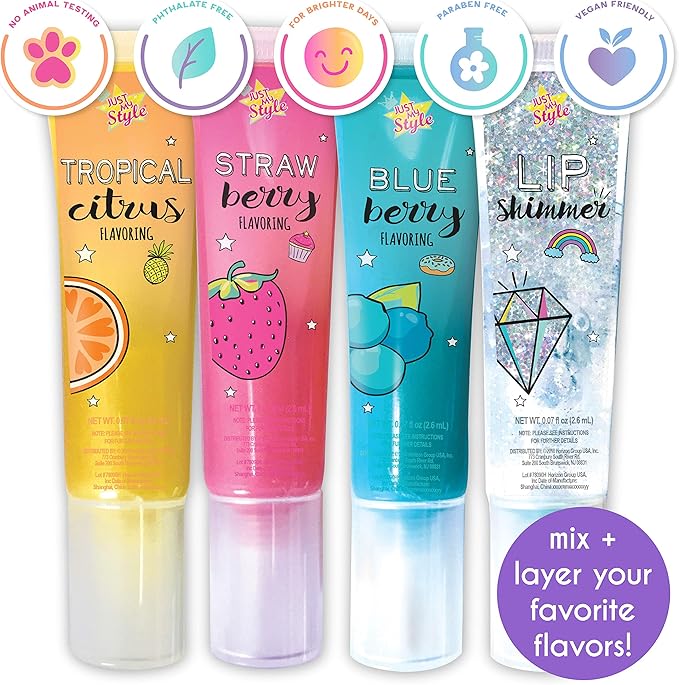 Just My Style Flavor Lab Lip Gloss by Horizon Group USA, DIY 4 Custom Lip Glosses By Mixing Colorful Flavors & Lip Shimmer. Flavors, Shimmer, Lip Gloss Tubes Mixing Stick & Instructions Included-VivaGrace Women