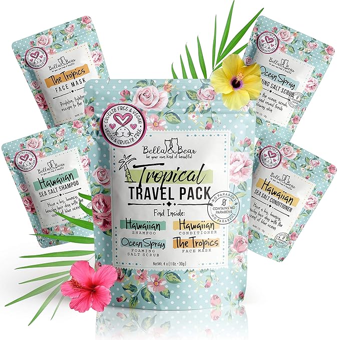 Bella & Bear Tropical Travel Pack, Self Care Kit, Includes Cruelty Free Shampoo, Conditioner, Body Scrub, Face Mask,1oz, Pack of 4-VivaGrace Women