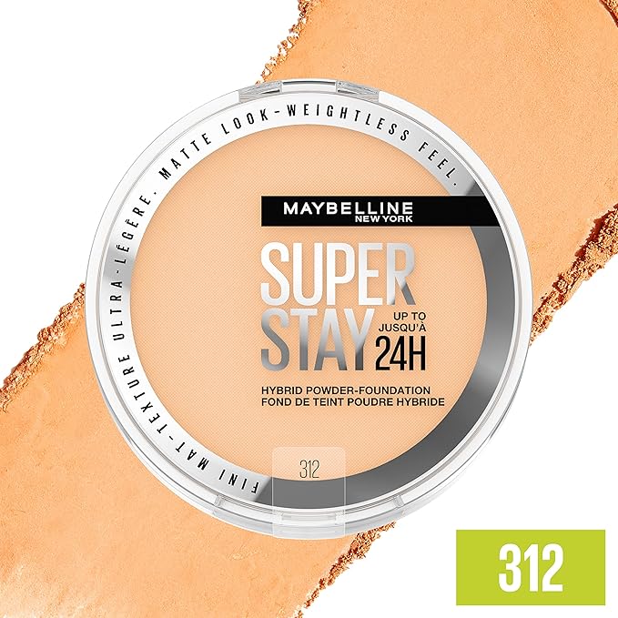 Maybelline Super Stay Up to 24HR Hybrid Powder-Foundation, Medium-to-Full Coverage Makeup, Matte Finish, 312, 1 Count-VivaGrace Women