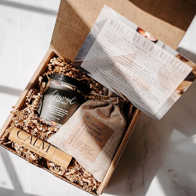 Relaxing Bath Gift Set, Luxury Spa Gifts for Women, Self Care Products for Women and Men, Calm Essential Oil Roller, Oatmeal Lavender Bath Soak & Epsom Salts with Essential Oils-VivaGrace Women