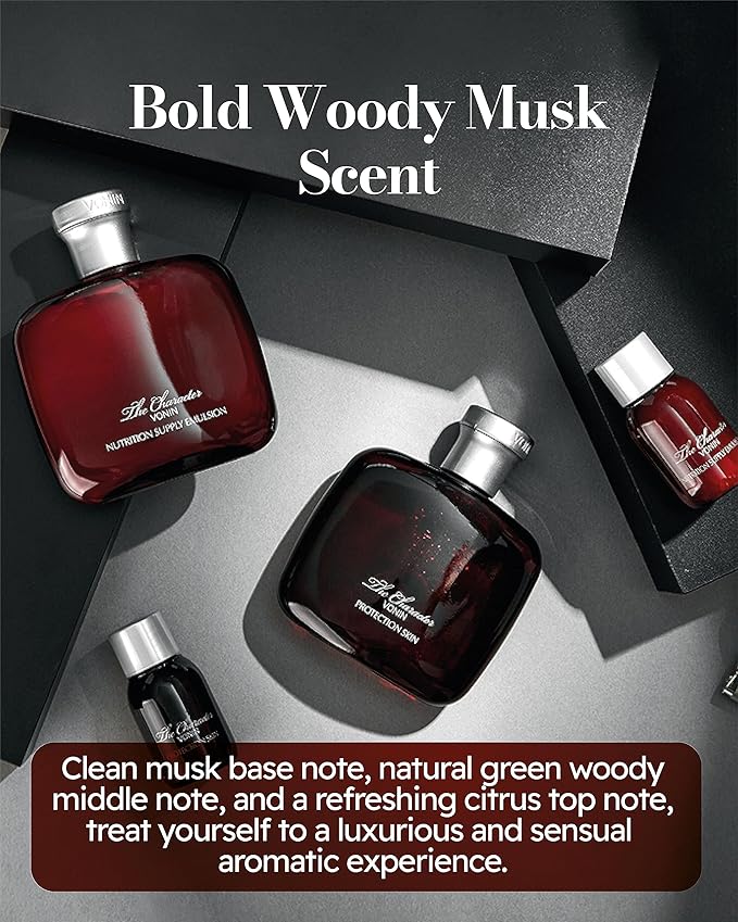 The Character Set (11.5fl oz) - Daily Skincare Kit for Men's Skin Protection & Rejuvenation by LG Beauty. Toner, Emulsion with Woody Musk Scent.-VivaGrace Women