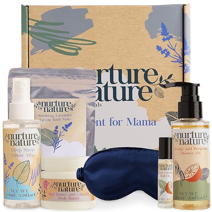 Nurture by Nature's MOMENT FOR MAMA Gift Set, Lavender Pillow Mist, Spa Gift Baskets for Women, 6 Pcs Per Bath Set, Mom Spa Gift Set, Relaxation Kit, Body butter, Shower Oil, Essential Oil Roll on-VivaGrace Women