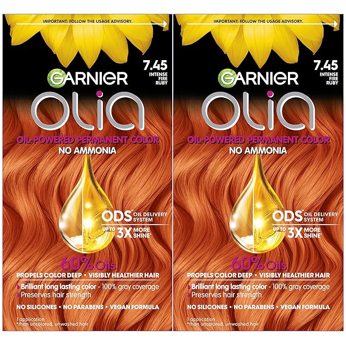 Garnier Hair Color Olia Ammonia-Free Brilliant Color Oil-Rich Permanent Hair Dye, 7.45 Dark Fire Ruby, 2 Count (Packaging May Vary)-VivaGrace Women