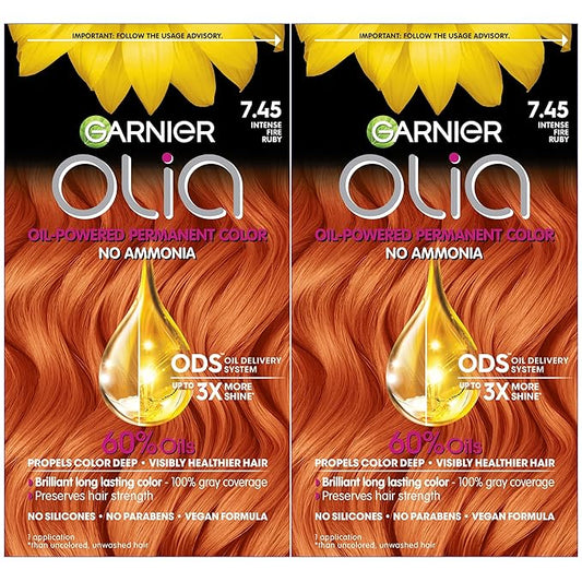Garnier Hair Color Olia Ammonia-Free Brilliant Color Oil-Rich Permanent Hair Dye, 7.45 Dark Fire Ruby, 2 Count (Packaging May Vary)-VivaGrace Women