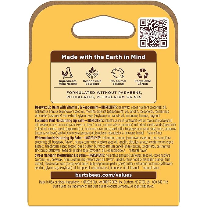 Burt's Bees Lip Balm - Original Beeswax, Cucumber Mint, Watermelon & Sweet Mandarin, With Responsibly Sourced Beeswax, Tint-Free, Natural Origin Treatment, 4 Tubes, 0.15 oz.-VivaGrace Women