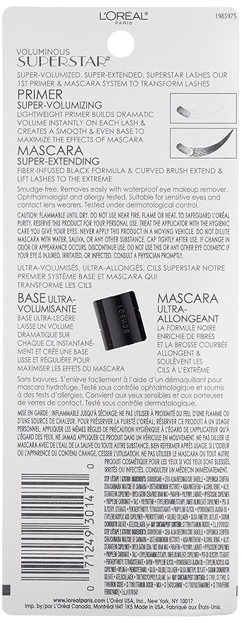 L'Oreal Paris Cosmetics Voluminous Superstar Mascara, Waterproof, Blackest Black, 0.41 Fl. Oz, 1 Count