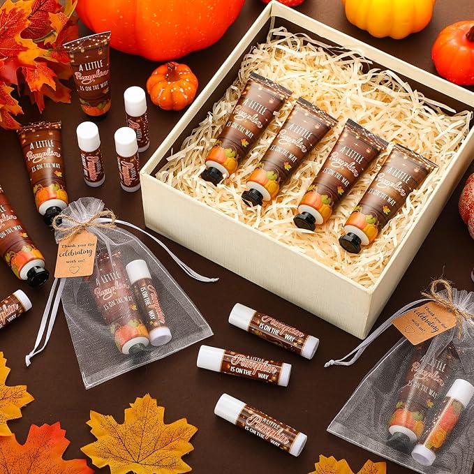 50 Sets 200 Pcs Baby Shower Hand Lotion and Lip Balm Gift Theme Baby Shower Party Favors Travel Size Hand Lotion and Lip Balm Bulk with Organza Bags Tags(Rustic Pumpkin)-VivaGrace Women